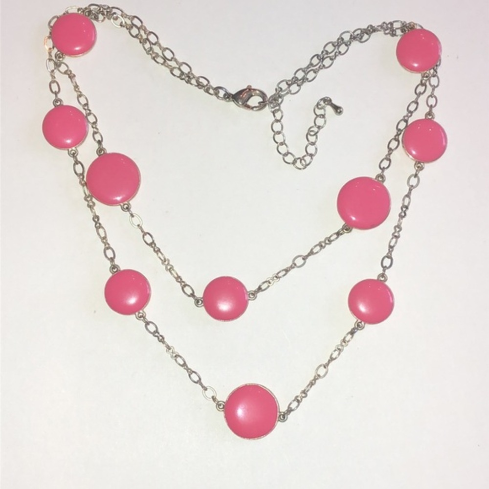 Pink Enamel Disc Beaded Silver Tone Boho Chain Necklace